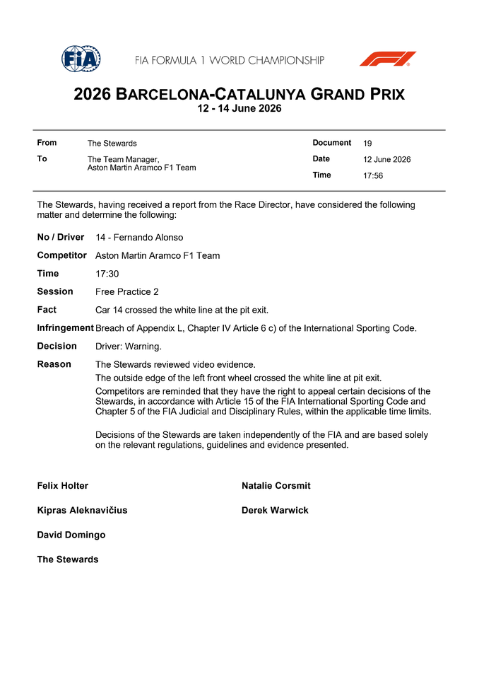 Thumbnail for Doc 19 - Infringement - Car 14 - Pit exit incident