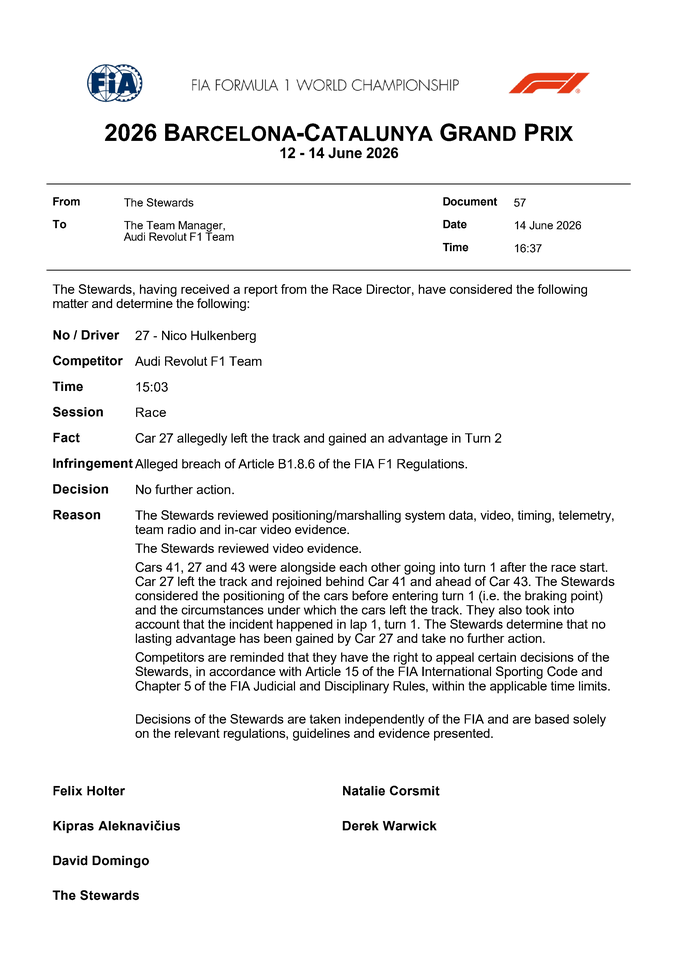 Thumbnail for Doc 57 - Decision - Car 27 - Alleged leaving the track and gaining an advantage