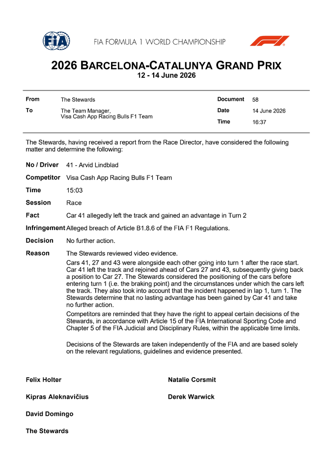 Thumbnail for Doc 58 - Decision - Car 41 - Alleged leaving the track and gaining an advantage