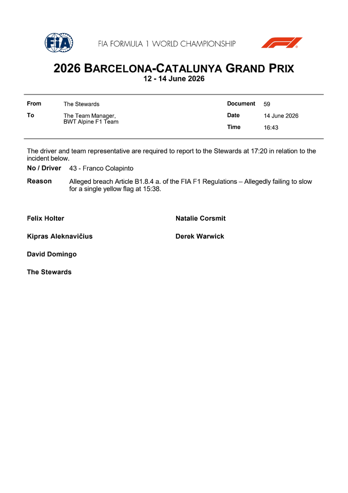 Thumbnail for Doc 59 - Summons - Car 43 - Alleged Yellow Flag Infringement