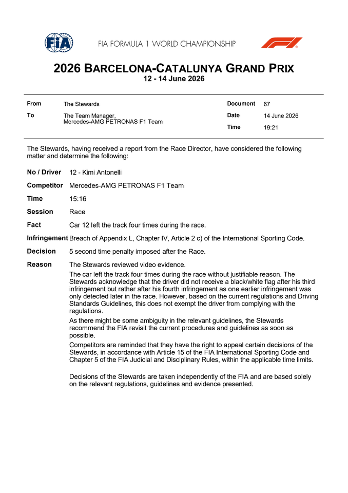 Thumbnail for Doc 67 - Infringement - Car 12 - Leaving the track without a justifiable reason multiple times