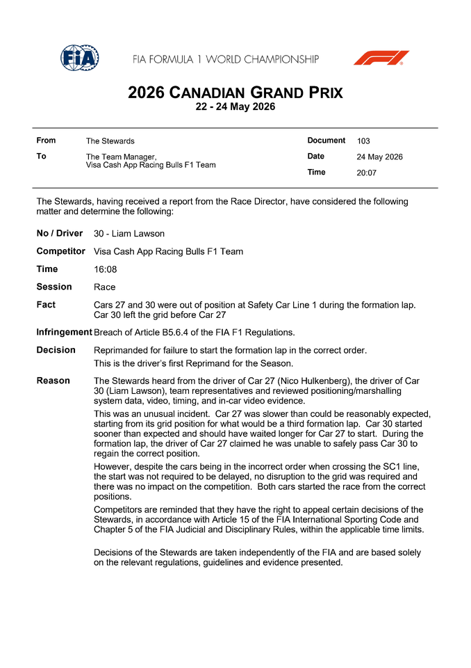 Thumbnail for Doc 103 - Infringement - Car 30 - Starting procedure infringement