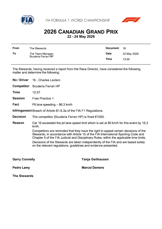 Thumbnail for Doc 18 - Infringement - Car 16 - Pit Lane Speeding