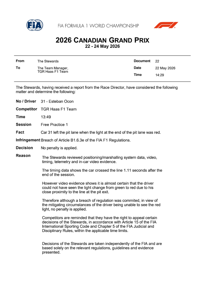 Thumbnail for Doc 22 - Infringement - Car 31 - Leaving the pitlane after the end of the session