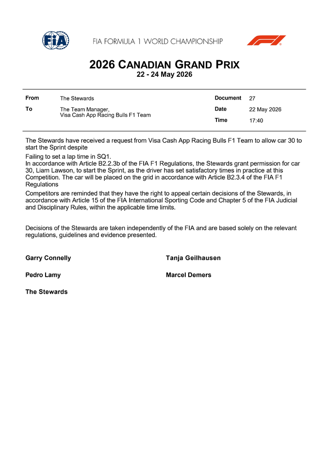 Thumbnail for Doc 27 - Decision - Car 30 - Failing to set a lap time within 107%