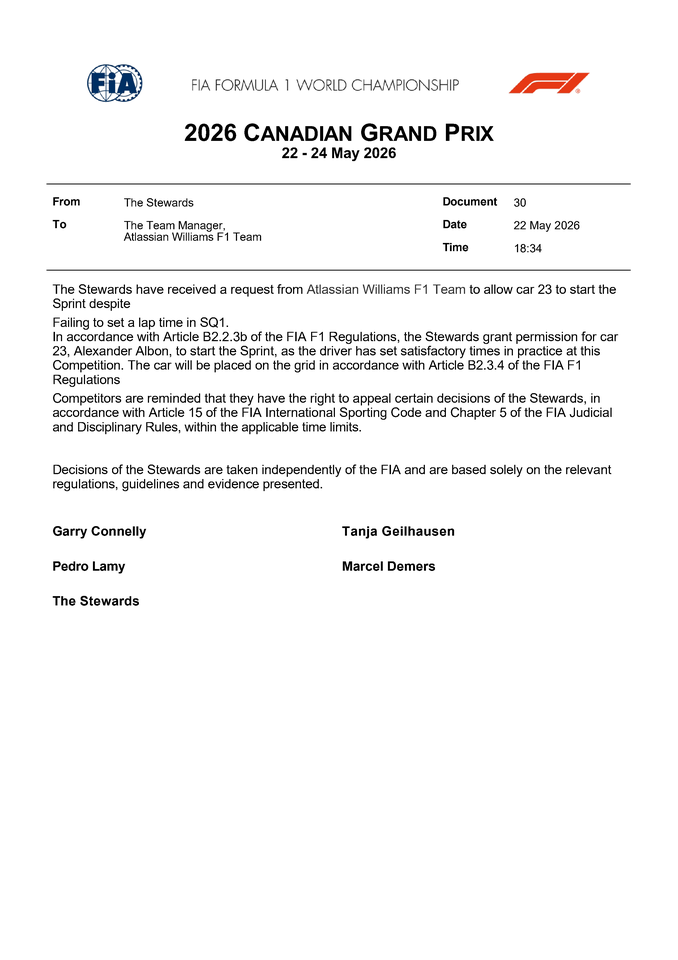 Thumbnail for Doc 30 - Decision - Car 23 - Failing to set a lap time within 107%