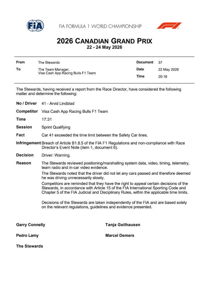 Thumbnail for Doc 37 - Infringement - Failure to follow Race Director's instructions (SC2-SC1 Time)