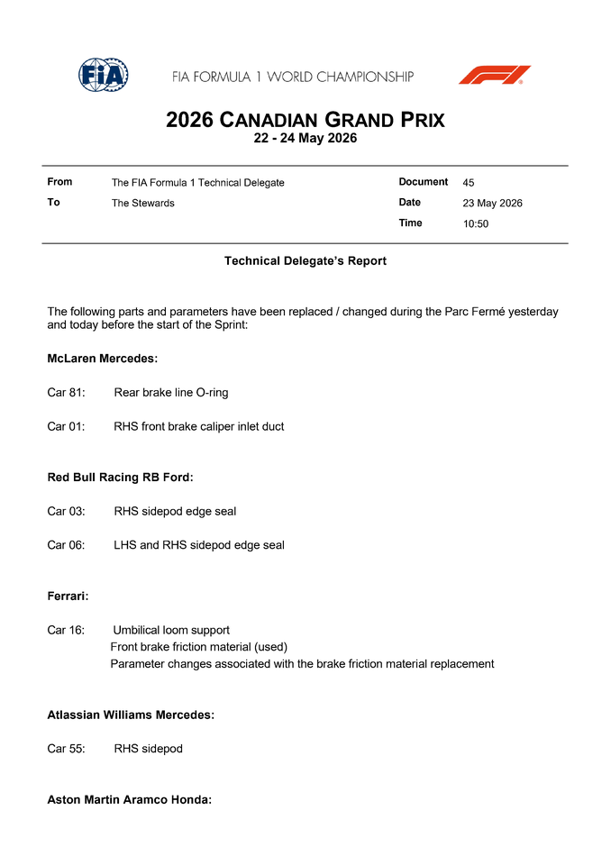 Thumbnail for Doc 45 - Parts and parameters been replaced and or changed during Parc Fermé