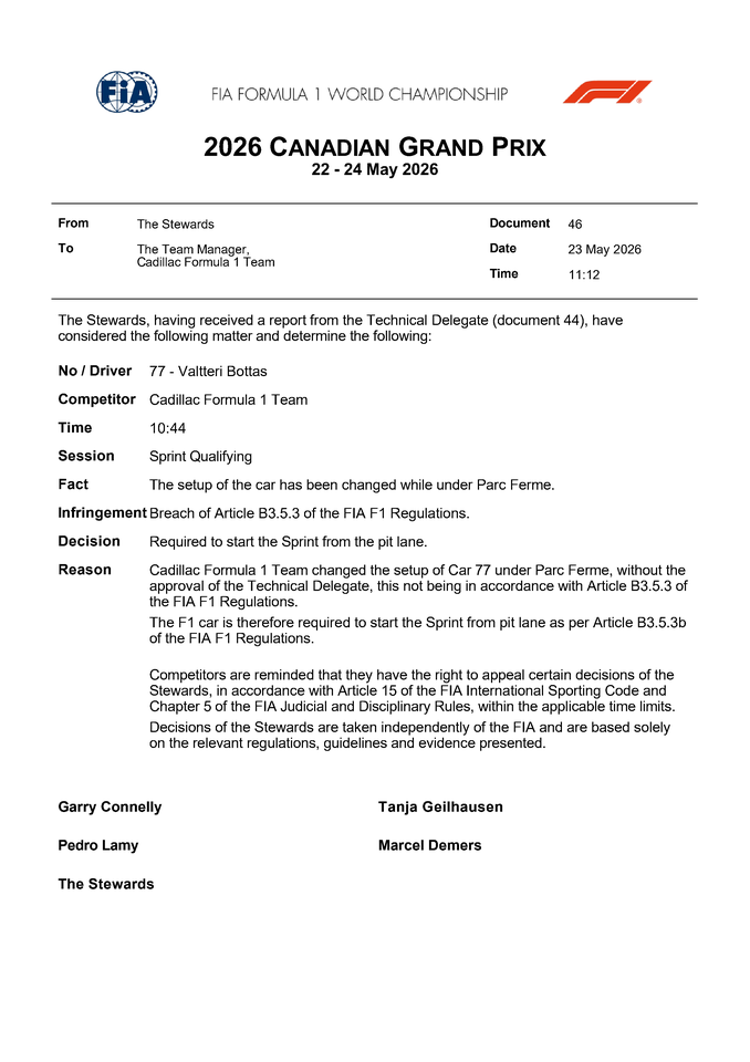 Thumbnail for Doc 46 - Infringement - Car 77 - Parc Ferme