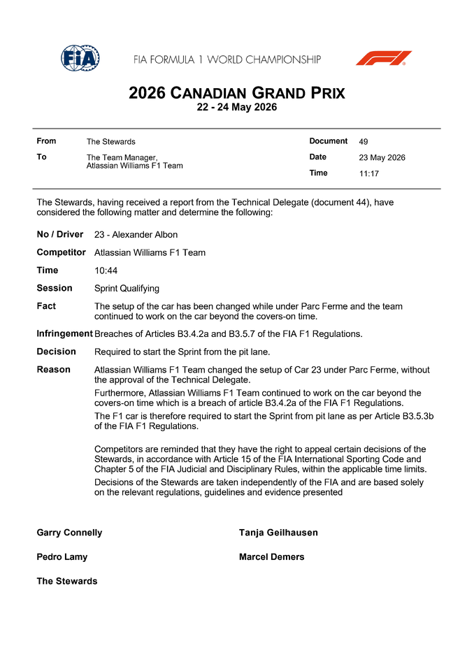 Thumbnail for Doc 49 - Infringement - Car 23 - Parc Ferme
