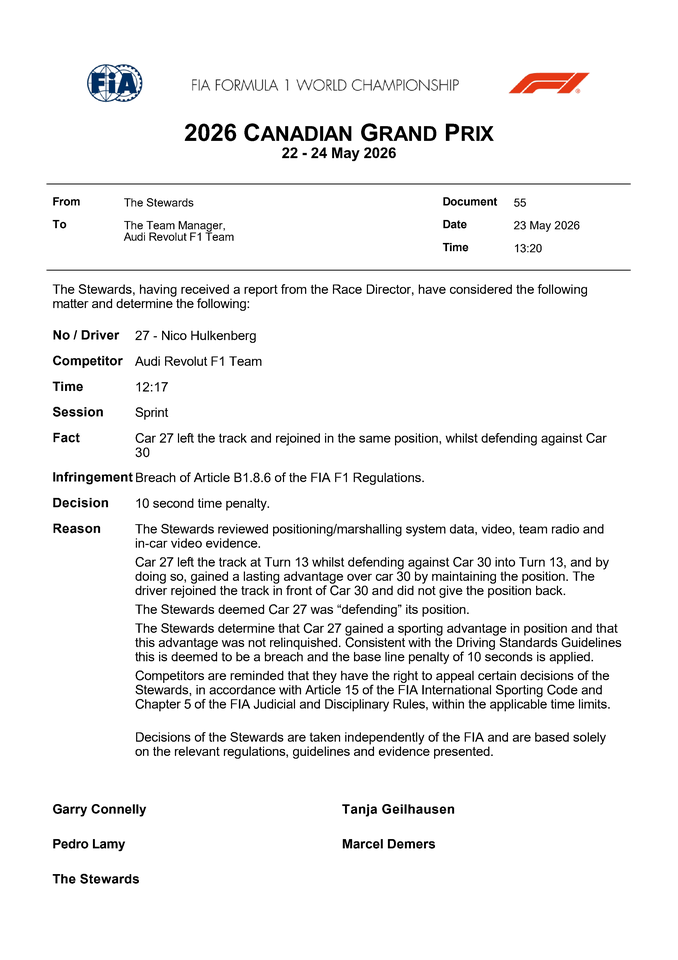Thumbnail for Doc 55 - Infringement - Car 27 - Leaving the track and gaining an advantage