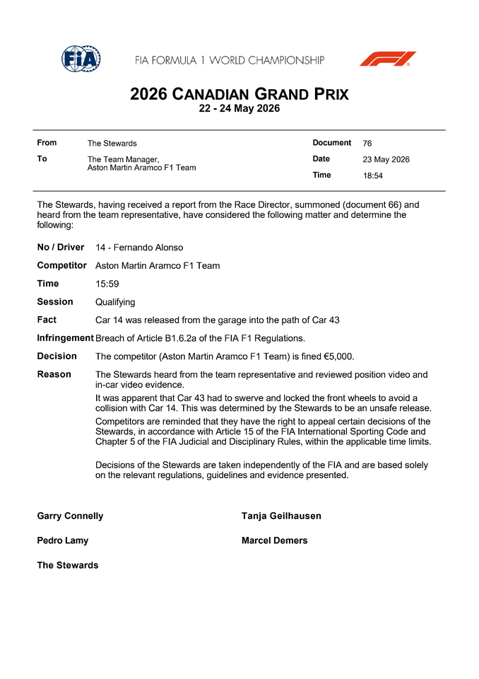 Thumbnail for Doc 76 - Infringement - Car 14 - Unsafe release from garage