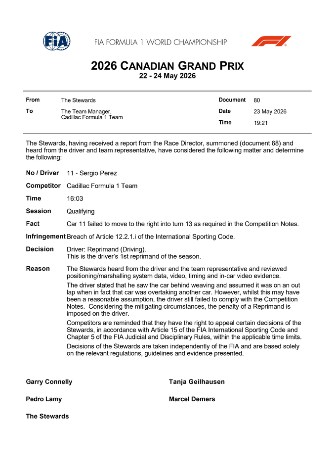 Thumbnail for Doc 80 - Infringement - Car 11 - Failing to follow Race Directors Event Notes