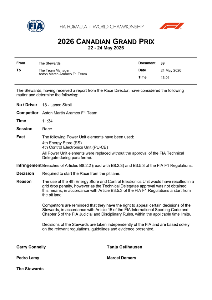 Thumbnail for Doc 89 - Infringement - Car 18 - PU Elements changed under Parc Ferme
