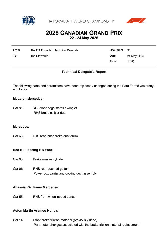 Thumbnail for Doc 90 - Parts and Parameters been replaced and or changed during Race Parc Fermé