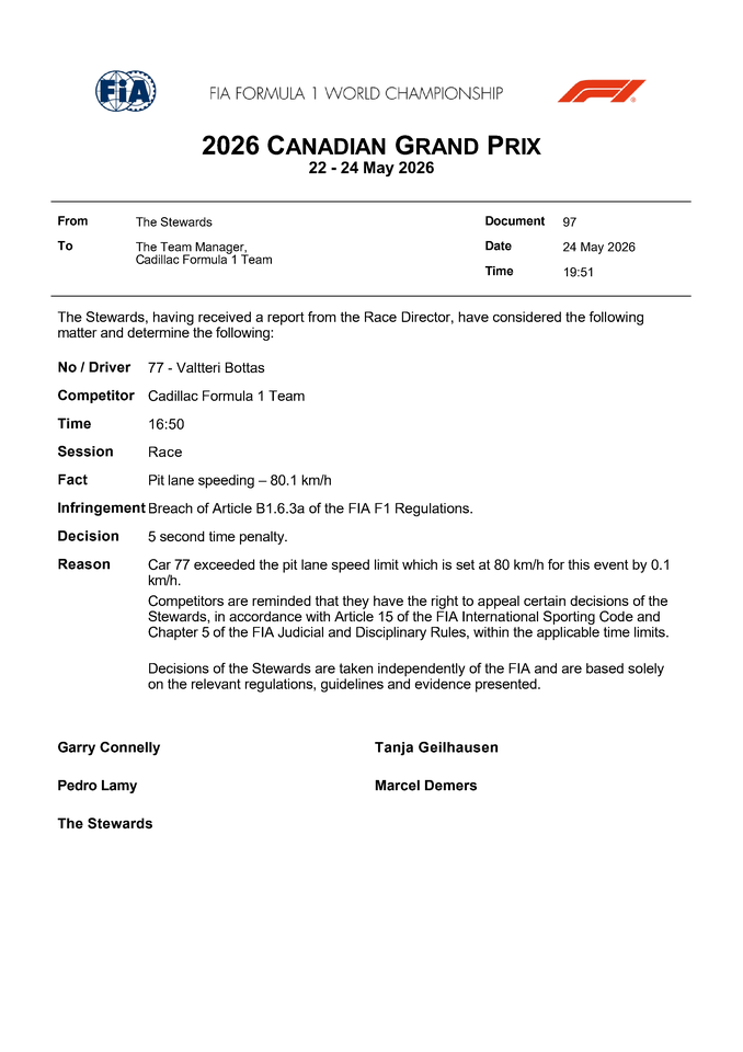Thumbnail for Doc 97 - Infringement - Car 77 - Pit Lane Speeding