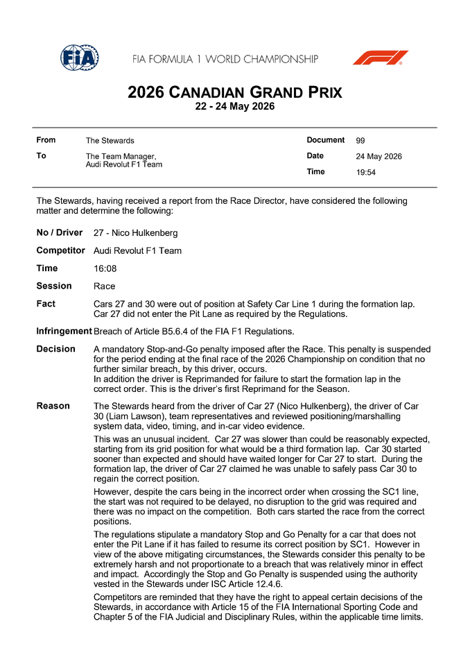Thumbnail for Doc 99 - Infringement - Car 27 - Starting procedure infringement