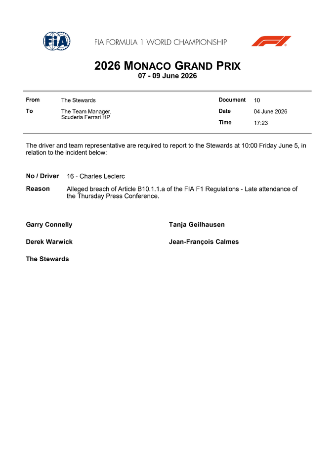 Thumbnail for Doc 10 - Summons - Car 16 - Late attendance of the Thursday Press Conference