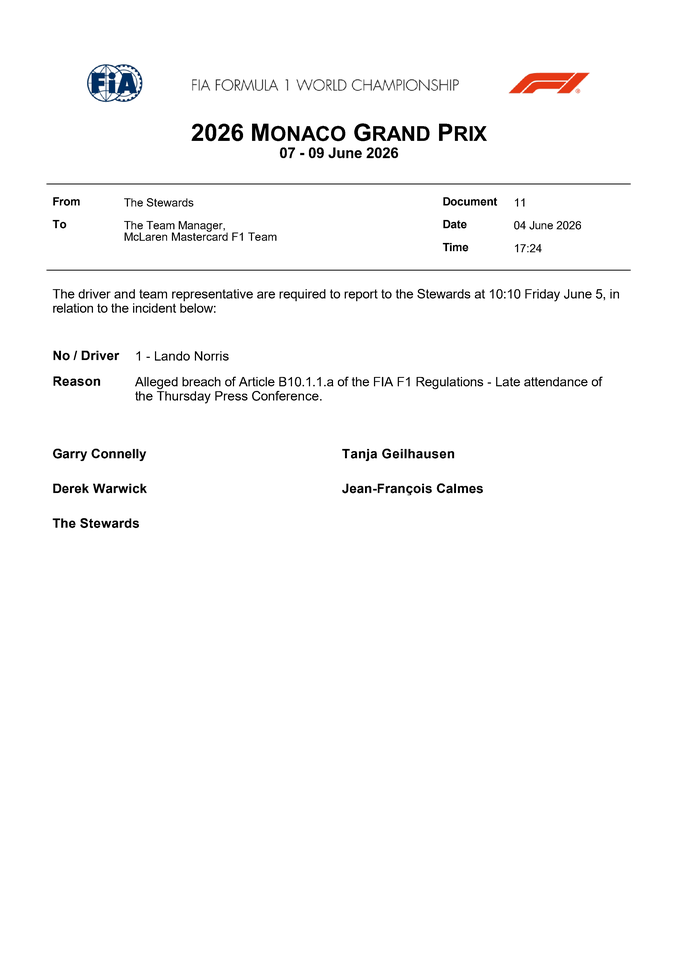 Thumbnail for Doc 11 - Summons - Car 1 - Late attendance of the Thursday Press Conference