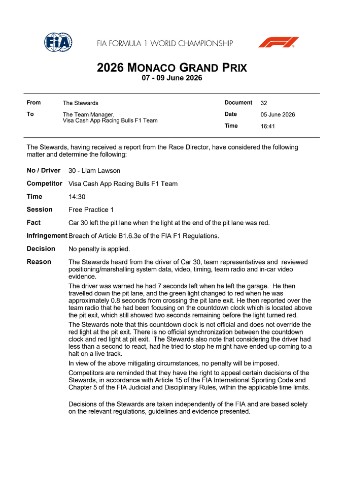 Thumbnail for Doc 32 - Decision - Car 30 - Alleged leaving the pitlane after the end of the session