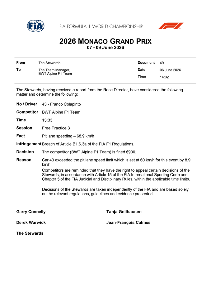 Thumbnail for Doc 49 - Infringement - Car 43 - Pit Lane Speeding