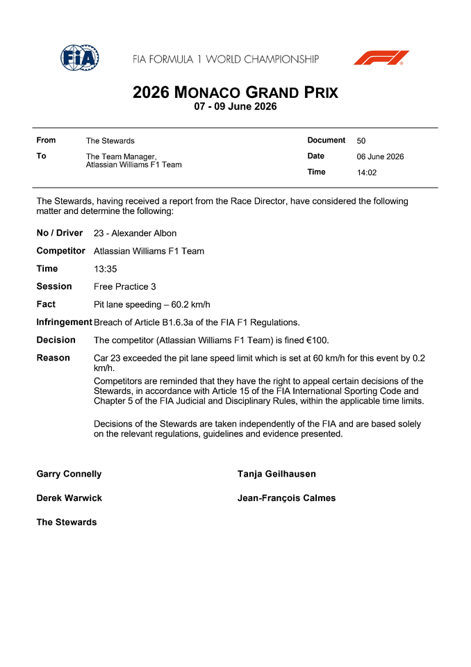 Thumbnail for Doc 50 - Infringement - Car 23 - Pit Lane Speeding