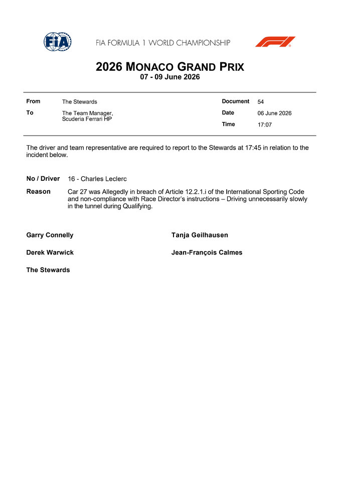 Thumbnail for Doc 54 - Summons - Car 16 - Alleged incident with Car 27 at turn 9