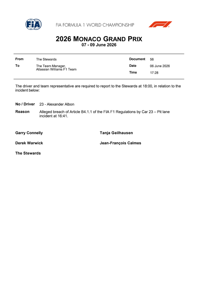 Thumbnail for Doc 56 - Summons - Car 23 - Alleged pit lane incident with Car 41