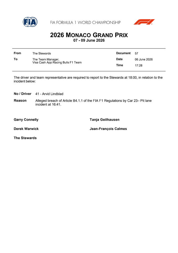Thumbnail for Doc 57 - Summons - Car 41 - Alleged pit lane incident with Car 23