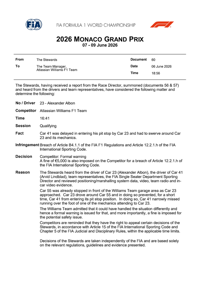 Thumbnail for Doc 60 - Infringement - Car 23 - Pit Lane incident with Car 41