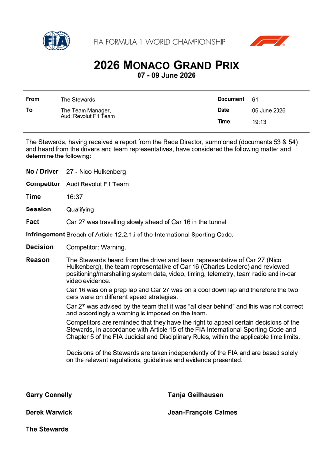 Thumbnail for Doc 61 - Infringement - Car 27 - Failure to follow Race Director's Instructions - Tunnel